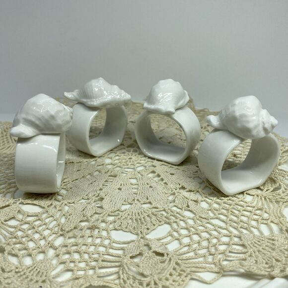 Vintage White Seashell Napkin Rings Set of 4 White Nautical Ocean Conch Shells - Picture 7 of 11